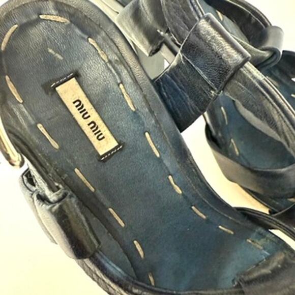 Miu Miu Platform Espadrille Sandals Navy Leather Strappy Heels Size 38 Italy - Picture 7 of 13
